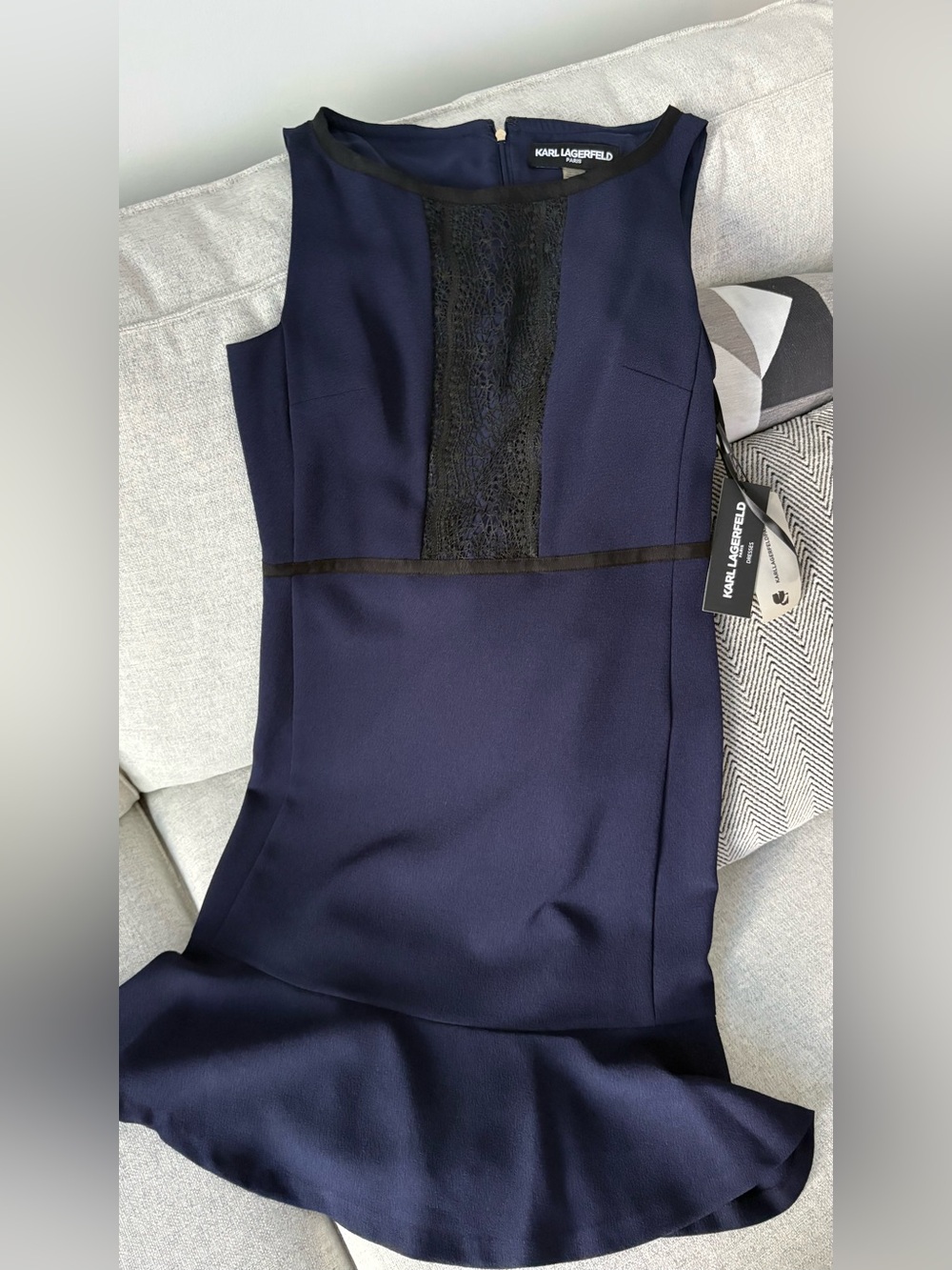 Karl Lagerfeld Navy Blue Sleeveless Midi Dress with Black Lace Panel